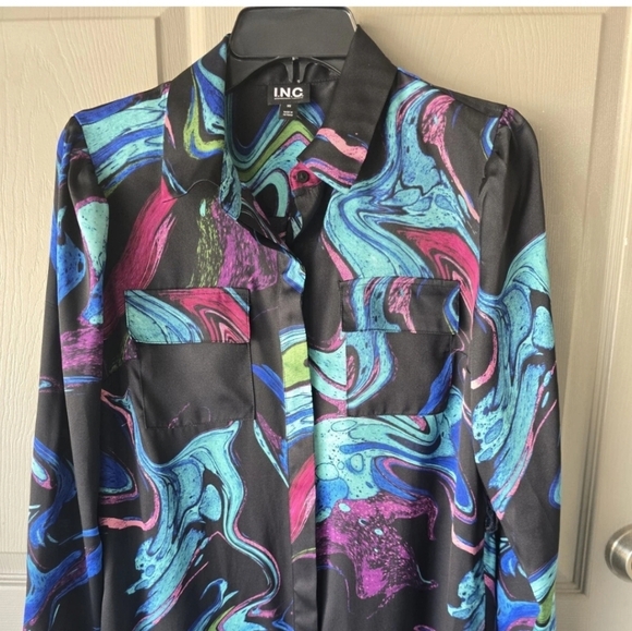 Inc International Satin Shirt Dress XS Women Button Up Pockets Colorful No Belt - Picture 5 of 14
